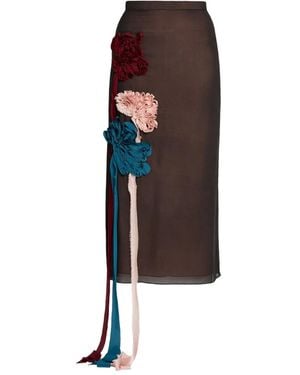 Erdem Silk Flower-Embellished Midi Skirt - Brown