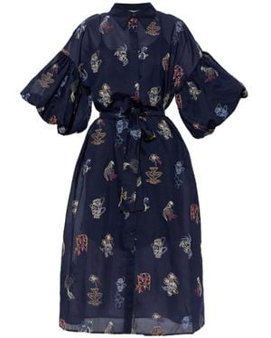 Munthe Nalmetto Embroidered Balloon-Sleeve Midi Dress - Blue