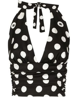 Dolce & Gabbana Polka-Dot Charmeuse Top With Plunging Neckline - Black