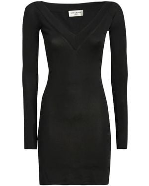 Saint Laurent Fine-Knit V-Neck Minidress - Black