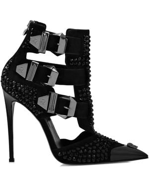Philipp Plein Rhinestone Skull Embellished Suede Court Shoes - Black