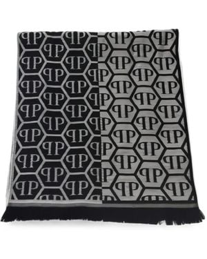 Philipp Plein Logo-Monogram Fringed Scarf - Black