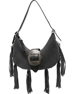 HTC Sheryl Suede Fringed Buckle-Detail Shoulder Bag - Black