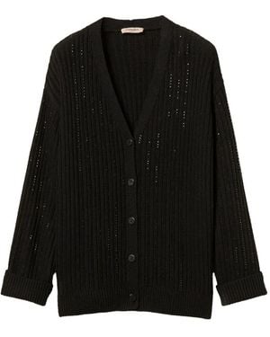 Twinset Wool Blend Cardigan With Rhinestones - Black