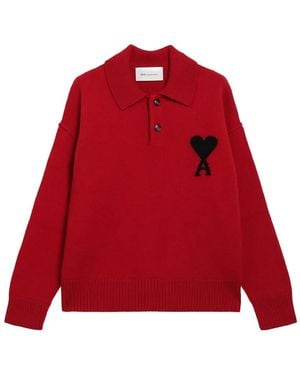 Ami Paris Boxy-Fit Polo Top - Red