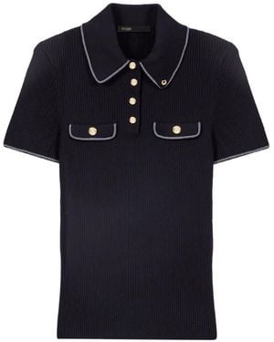 Maje Contrast-Trim Ribbed Polo Top - Black