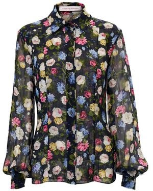 Carolina Herrera Isabella Rose-Print Silk Chiffon Button-Down Shirt - Black