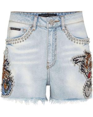 Philipp Plein Tattoo Stud-Embellished Denim Shorts - Blue