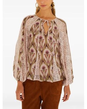 FARM Rio Floral-Print Lace-Panelled Blouse - Brown