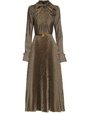 Oscar de la Renta Houndstooth Pleated Midi Dress - Natural