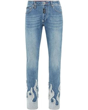Philipp Plein Flame-Appliqué Jeans - Blue
