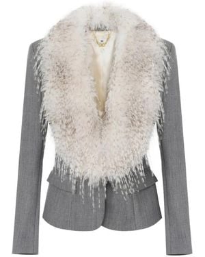 Elisabetta Franchi Wool Jacket With Fur-Effect Collar - White