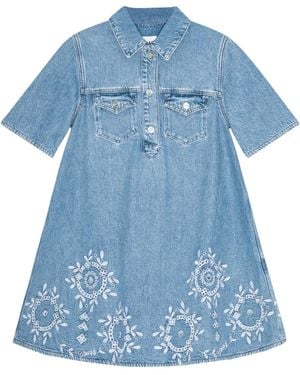 Ganni Embroidered Denim Dress - Blue