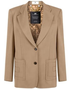 Elisabetta Franchi Single-Breasted Gabardine Blazer With Embroidered Pockets - Natural