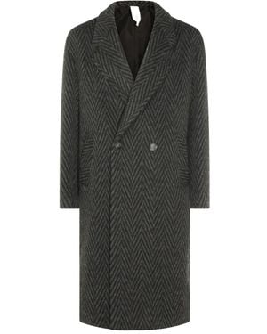 Hevò Herringbone Double-Breasted Coat - Black