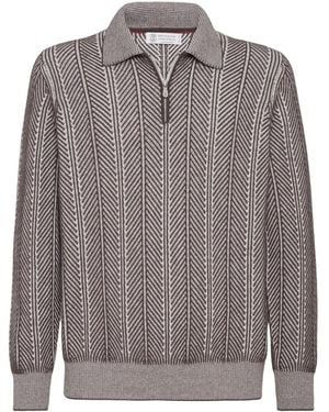 Brunello Cucinelli Polo Con Motivo A Spina Di Pesce - Grigio