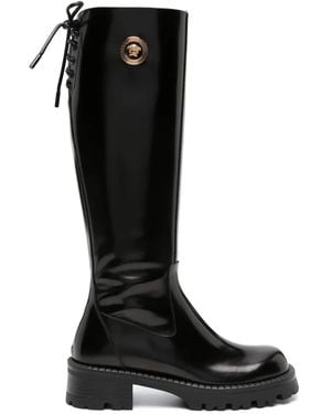 Versace Embellished Glossed-Leather Knee Boots - Black