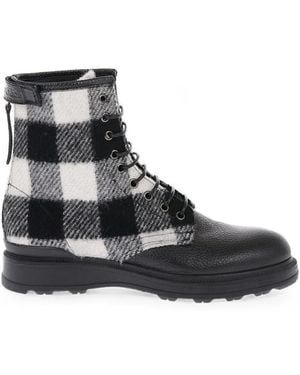 Woolrich Check Wool-Panelled Leather Ankle Boots - Black