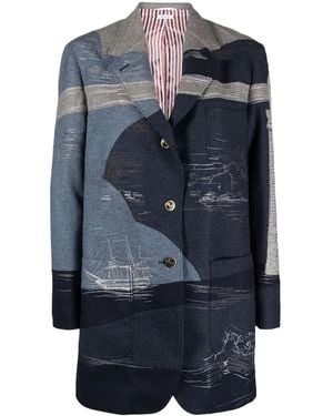Thom Browne Motif-Embroidered Colour-Block Blazer - Blue