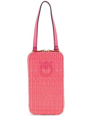 Pinko Love Birds Diamond Braided Raffia Smartphone Holder - Pink