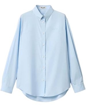 Miu Miu Button-Down Embroidered Poplin Shirt - Blue