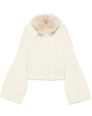 Sacai Cable-Knit Faux-Fur-Trim Cardigan - White