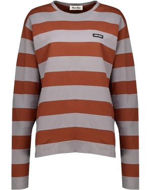 Miu Miu Striped Cotton T-Shirt - Brown