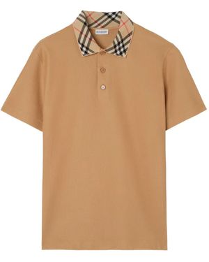 Burberry Check Collar Cotton Polo Shirt - Natural