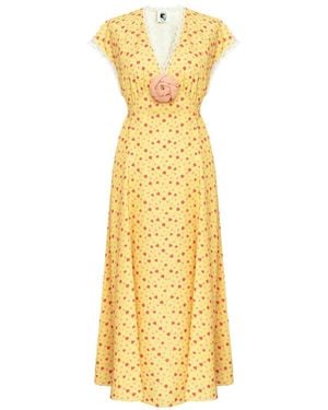 Sleeper Genus Floral-Print Lace-Trim Midi Dress - Metallic