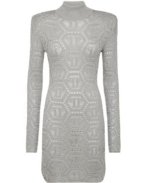 Philipp Plein Monogram-Pattern Crochet-Knit Minidress - Grey