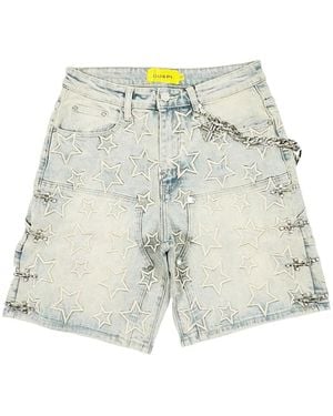 GUAPI Star-Embossed Chain Denim Shorts - White