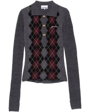 Ganni Anthracite Long-Sleeve Polo Shirt - Black