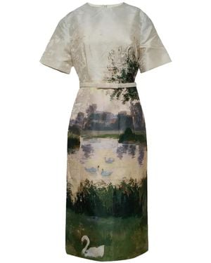 LEO LIN Abito Midi Elizabeth Jacquard A Maniche Corte - Bianco