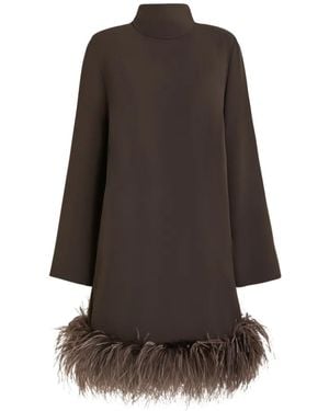 P.A.R.O.S.H. Feather-Trim Bow-Detail Long-Sleeved Shift Mini Dress - Brown