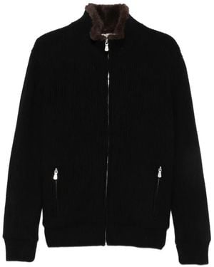 Barba Napoli Ribbed-Knit Faux-Fur-Trim Jacket - Black