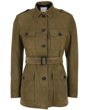 Tagliatore Buttoned Belted Leather Coat - Green