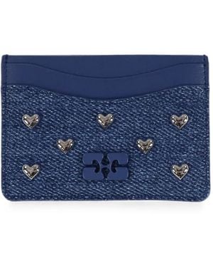 Ganni Bou Heart-Stud Denim Cardholder - Blue