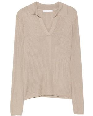 Max Mara Ribbed-Knit Polo Sweater - Natural