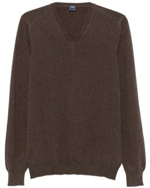 Fedeli V-Neck Ribbed-Trim Jumper - Brown