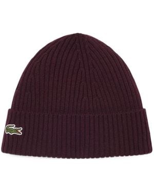 Lacoste Logo-Patch Ribbed-Knit Beanie Hat - Red