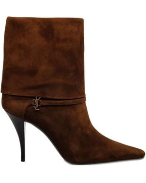 Saint Laurent 85Mm Logo-Plaque Heeled Boots - Brown