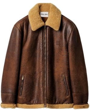 Miu Miu Waxed Leather Shearling-Trim Jacket - Brown