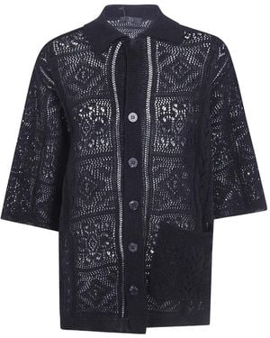 Y's Yohji Yamamoto Mexican Crochet-Knit Patch-Pocket Shirt - Blue