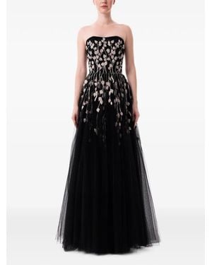 Dina Melwani Floral-Embroidered Strapless Maxi Dress - Black