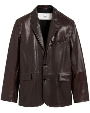 Ami Paris Leather Blazer Jacket Dark Coffee - Black