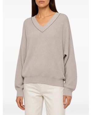 Brunello Cucinelli Monili-Beaded V-Neck Jumper - Grey