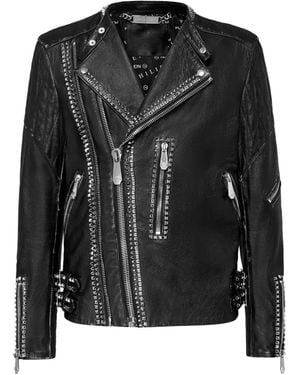 Philipp Plein Leather Biker Jacket Studs - Black
