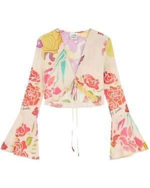 Donde Esteban Blouse Crop Flores - Blanc