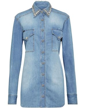 Philipp Plein Crystal-Embellished Denim Shirt - Blue