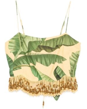FARM Rio Beaded-Fringe Leaf-Print Top - Yellow